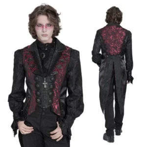 Victorian Goth Dark Red Rose Print Men’s Tailcoat Vest