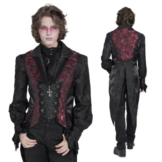 Victorian Goth Dark Red Rose Print Men’s Tailcoat Vest